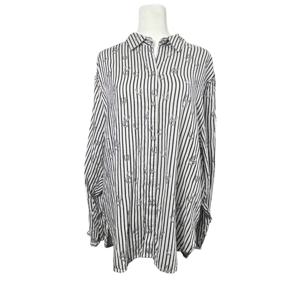 Cruel Women's Flowy Blouse Horseshoes Ruffles Cowgirl Rodeo Size XL Rockabilly - Picture 2 of 14
